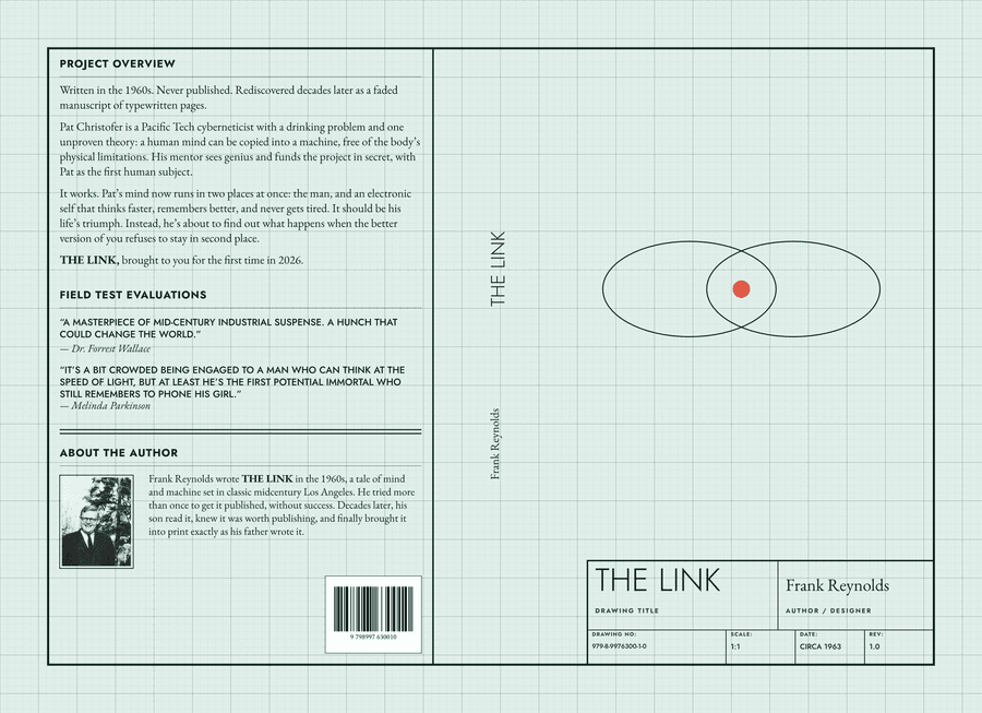 Front cover, spine, and back cover artwork for THE LINK, a novel by Frank Reynolds
