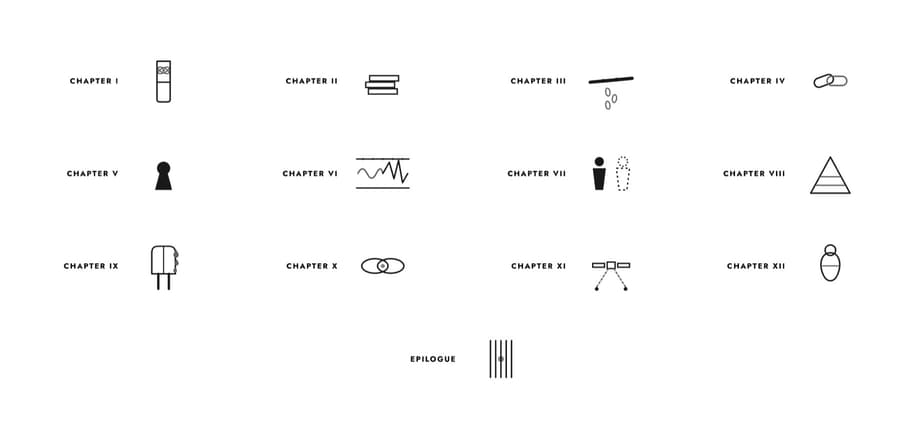 The 13 chapter sigils for THE LINK: one line-art emblem for each chapter and the epilogue