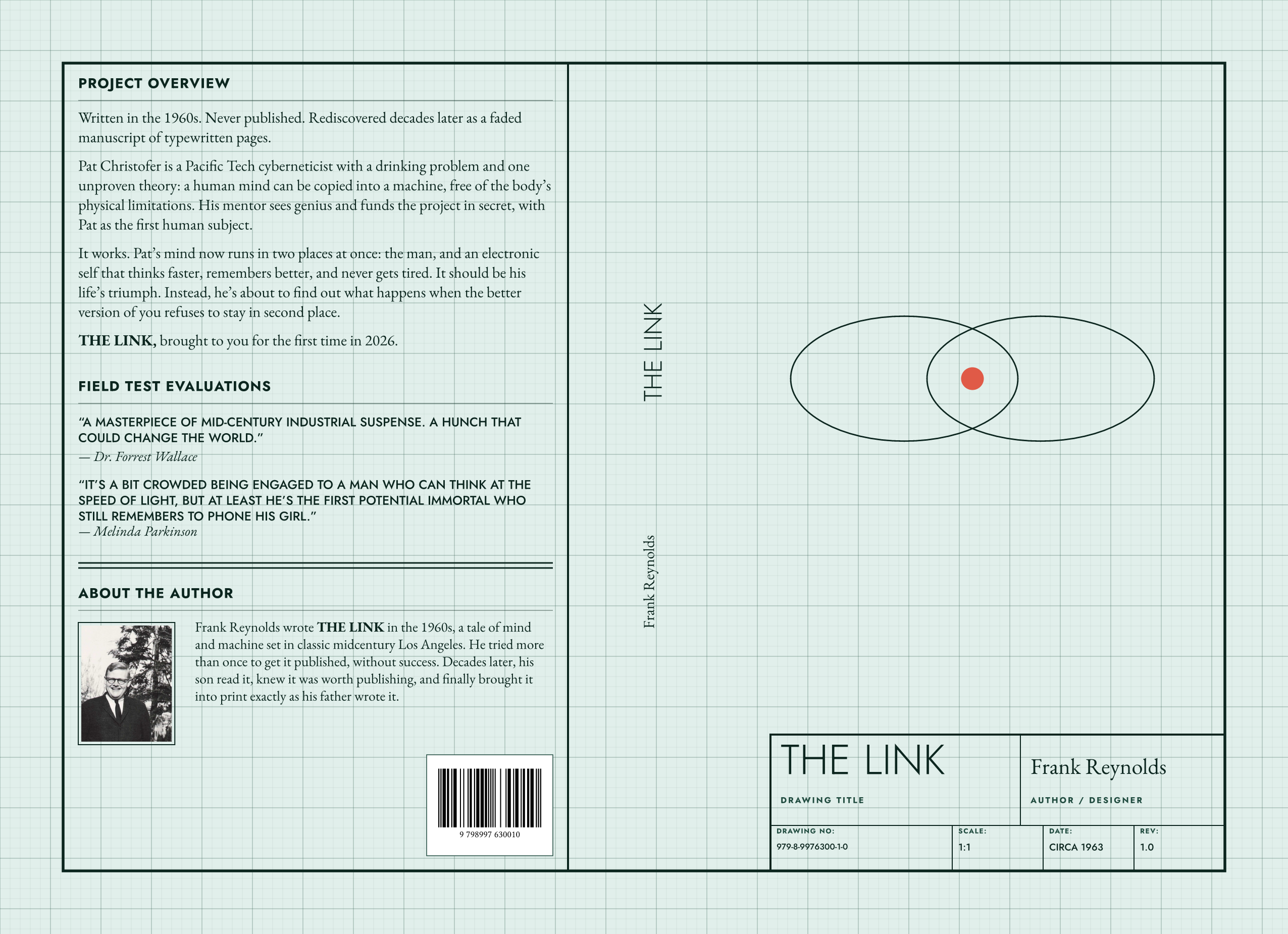 Front cover, spine, and back cover artwork for THE LINK, a novel by Frank Reynolds